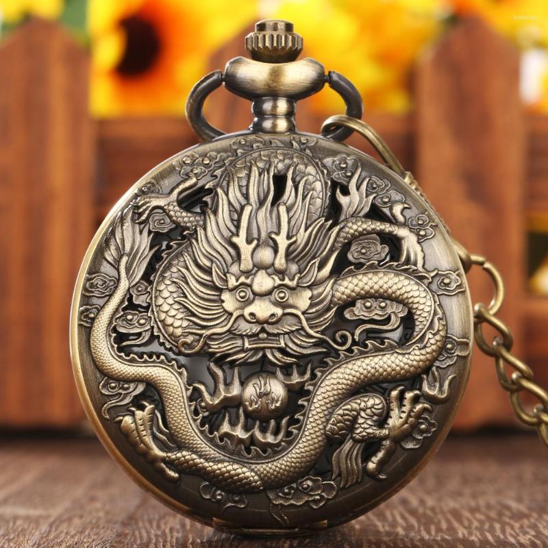 Zegarki kieszonkowe Brązowe Vintage Starożytne Dragon Design Kwarc Watch Steampunk Analog Fob Saif Men Men Naszyjnik