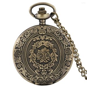 Montres de poche Bronze Vintage fleurs boîtier de montre Quartz analogique collier hommes femmes chiffres arabes cadran rétro pendentif horloge cadeaux