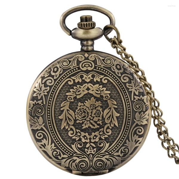 Relojes de bolsillo de bronce Vintage para hombre y mujer, caja de reloj con flores, collar analógico de cuarzo, esfera con números arábigos, colgante Retro, regalos