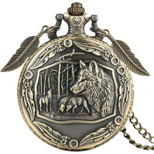 Relojes de bolsillo Lobo de bronce Reloj de cuarzo antiguo Charm Leaf Colgante Accesorio Reloj con cadena 2262