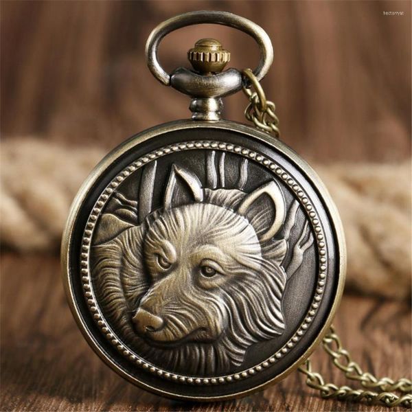 Montres de poche Bronze Wolf Design Collier Montre Quartz Pendentif Hommes Femmes Rétro Chandail Chaîne Horloge