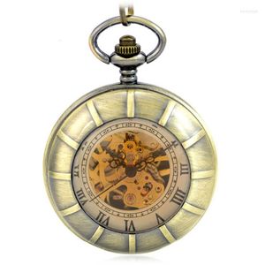 Pocket horloges bruin modern skelet mechanische handwind fob horloge clamshell vergroting dames hanger volledig cadeau