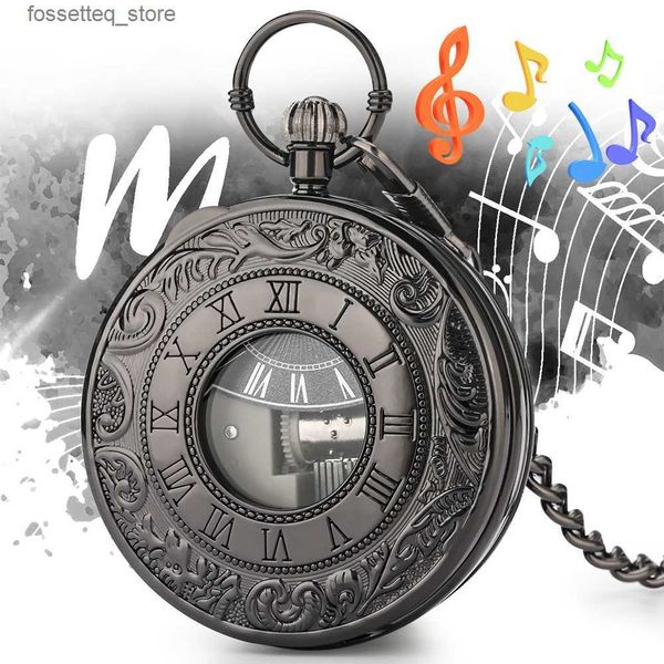 Pocket Watchs Castle in the Sky Melo Musical Pocket Retro Retro Black Roman Numerals Design Half Hunter Quartz Music Corloge de poche Cadeaux L240322