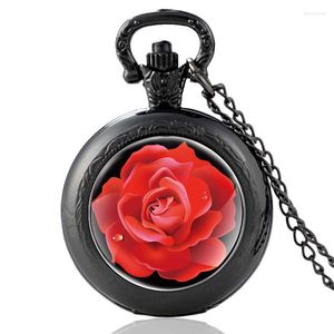 Pocket Watches Charm Red Rose Design Vintage Quartz Watch Men Women Glass Dome Pendant kettinguren klokcadeaus