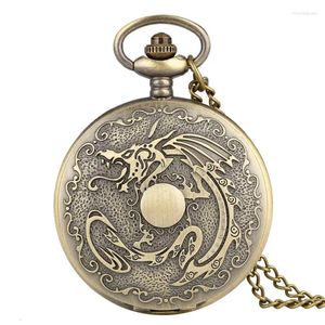 Pocket horloges Chinese bronzen draak gesneden steampunk fob analoge horloge met ketting ketting geschenken antiek voor mannen vrouwen