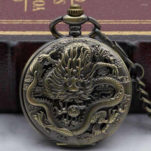 Relojes de bolsillo dragón chino bronce reloj mecánico colgante analógico con collar reloj para PJX1327
