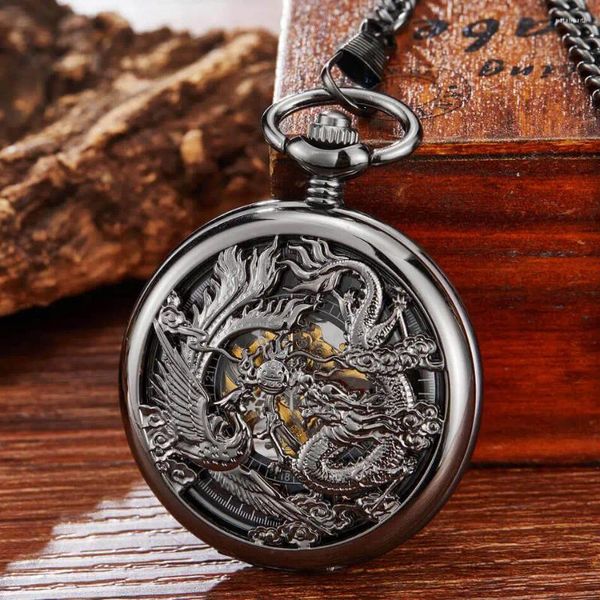 Montres de poche chinoises, dragon phénix volant, mécanique, squelette doré, chaînes Steampunk, Fob Clip, horloge, cadeaux