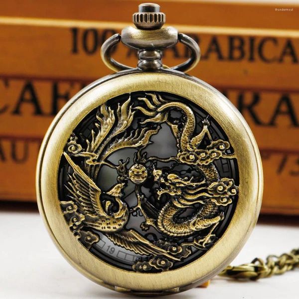 Montres de poche de style chinois dragon sculpture quartz watch antique vintage charme mens unisexe collier pendentif avec chaîne fob