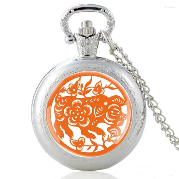 Relojes de bolsillo Estilo chino Corte de papel Cerdo Diseño Vintage Reloj de cuarzo Hombres Mujeres Cúpula de cristal Colgante Collar Horas Reloj Regalos