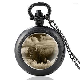 Relojes de Bolsillo Clásico Animal Americano Diseño de Bisonte Reloj de Cuarzo Vintage Negro Hombres Mujeres Cúpula de Vidrio Colgante Collar Horas Reloj Regalos