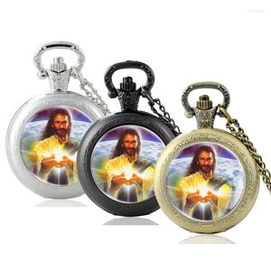 Relojes de bolsillo clásico antiguo Jesús diseño cabujón de cristal reloj de cuarzo Vintage hombres mujeres colgante collar cadena horas reloj