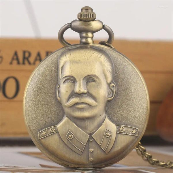 Relojes de bolsillo clásicos antiguos del líder ruso diseño Stalin cubierta completa hombres mujeres número árabe reloj de cuarzo suéter cadena regalo