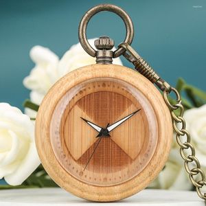 Pocket horloges klassieke bamboe houten heren vrouwen kwarts kase horloge gesneden sector oppervlakte dial legering pendant ketting