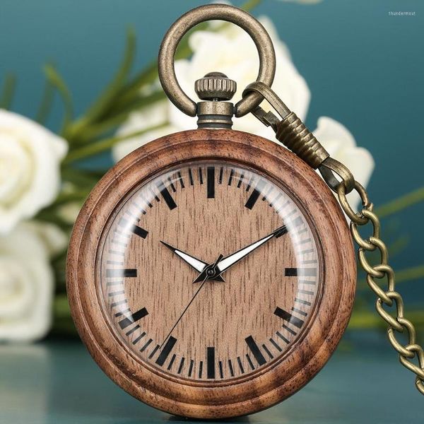 Montres de poche classique boîtier en bois d'ébène hommes femmes montre cadran rond marron/vert avec pointeurs lumineux pendentif en bronze chaîne cadeaux