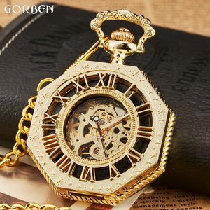 Relojes de bolsillo Reloj de bolsillo mecánico hexagonal clásico Cadena FOB Steampunk Esfera romana Esqueleto Reloj de bolsillo para hombre de acero hueco dorado 230830