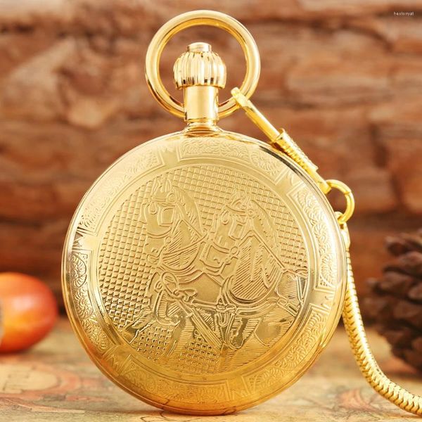 Relojes de bolsillo Reloj mecánico clásico con diseño de caballo para hombre, colgante Vintage de lujo, reloj antiguo de cuerda automática, cazadores dobles