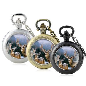 Relojes de bolsillo Classic Hunting Elk Design Glass Cabochon Reloj de cuarzo Vintage Hombres Mujeres Colgante Collar Cadena Reloj Joyería GiftsPocket