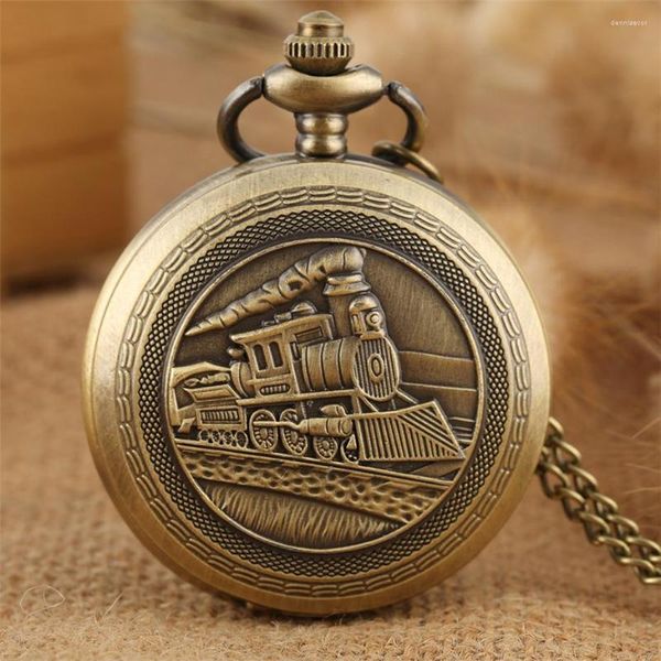 Relojes de bolsillo Clásico antiguo Steampunk Diseño de tren Reloj de cuarzo Colgante Fob Cadena Collar de bronce Reloj para hombres Mujeres Niños