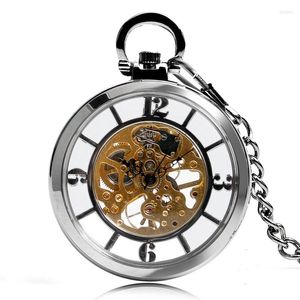 Pocket horloges klassieke zilveren transparant mechanisch handwind skeleton unisex fob horloge prachtige klokcadeau met ketting Romeins nummer