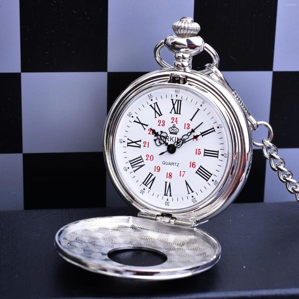 Relojes de bolsillo Reloj clásico de plata Reloj Fob para hombre Número romano Cuerda a mano Reloj mecánico De Bolso con cadena larga con clip