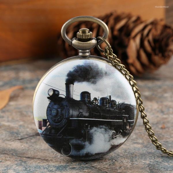 Montres de poche à collectionner Train voiture impression pendentif montre Fob chaîne collier hommes Flip rétro boîtier Quartz heure horloge pour hommes femmes Thun22