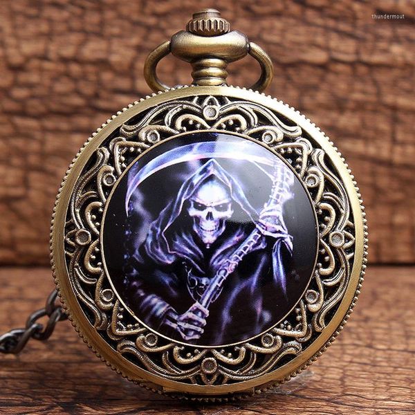 Montres de poche Cool crâne montre flamme grand rond cadran noir hommes Quartz pendentif taille chaîne horloge hommes garçon Halloween cadeau