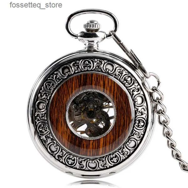 Relojes de bolsillo Cool Regalo de Navidad Plata Mano Viento Lujo Steampunk Windup Mecánico Bolsillo Estilo Madera Círculo Vintage Elegante Diseño Especial L240322