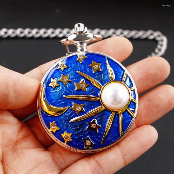 Gataille de poche Creative Blue Star Moon Sun 3d sculpture incrustée pendentif quartz watch halloween christmas cadeau