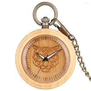 Pocket horloges Creative Carving Bamboo Wood Quartz Animal Tiger/Lion/Dog/Dragon Dial Cool Punk Bronze Chain Antique Clock