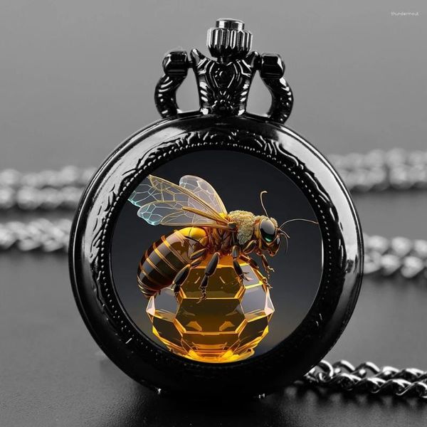 Montres de poche Creative Honey Glass Dome Quartz Watch For Women Men Collier Black Collier Unique Pendant Chain Gift Accessoires