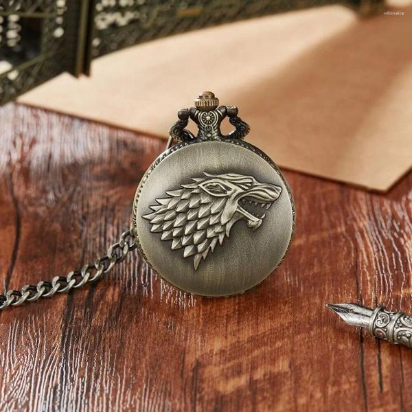 Montres de poche Creative Wild Wolf Rétro Bronze Montre Hommes Femmes Mode Pendentif Impressionnant Animal Mécanique Horloge avec Collier Chaîne 2023