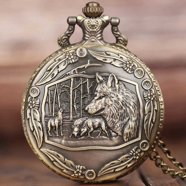 Montres de poche Creative Wild Wolf Vintage Bronze montre de poche mode pendentif Animal Quartz horloge avec collier chaîne cadeau L231120