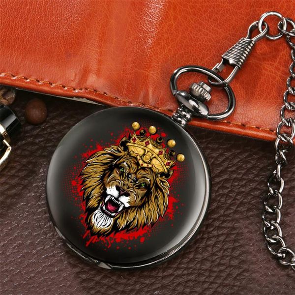 Montres de poche couronne Lion Design Punk noir, mouvement à Quartz, pendentif Fob, horloge cadeaux antiques pour hommes et femmes