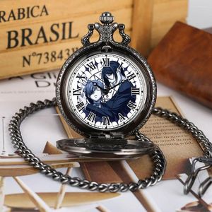 Montres de poche Dark Butler Japonais Manga Thème Alliage Blanc Chiffres Romains Cadran Couverture Exquise Durable Collier Cadeau D'anniversaire