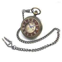 Pocket horloges Dubbel Romeins nummer Bronze Tone Hollow Case Hand Wind Heren Mechanisch horloge W/Chain Fob Reloj de Bolsillo
