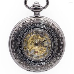 Pocket horloges drop retro brons zwart Romeins cijfer display hollow transparante mechanische handwindheren fob horloge