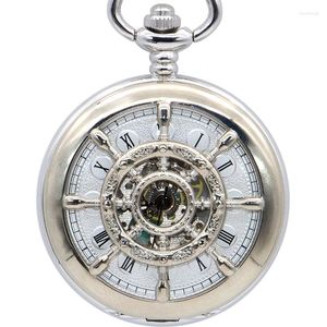 Montres de poche Drop Whole Silver Watch Transparent Noir Analogique Mécanique Squelette Collier Pendentif Automatique Hommes