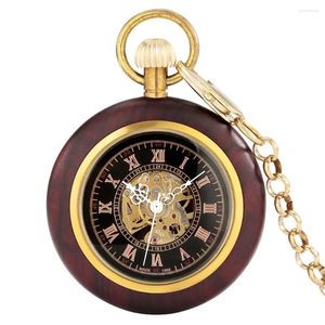 Montres de poche Élégant boîtier de montre doré en bois de santal rouge chiffre romain cadran noir remontage automatique pendentif mécanique présent