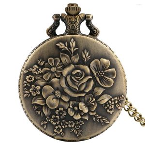 Montres de poche élégantes en Bronze avec fleurs de roses, Quartz analogique, chiffres arabes, cadran, collier, pendentif, montre cadeau unisexe