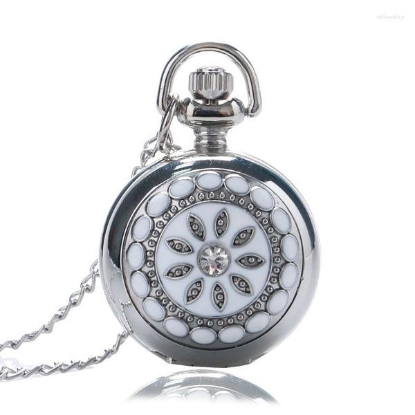 Montres de poche élégantes femmes argent blanc cristal boîtier Quartz Fob avec pendentif chandail collier chaîne pour dames filles