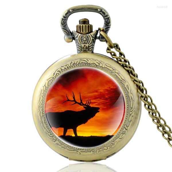 Orologi da tasca Elk Under The Sunset Charm Orologio al quarzo Uomo Donna Collana con ciondolo color bronzo Ore Orologio Regali