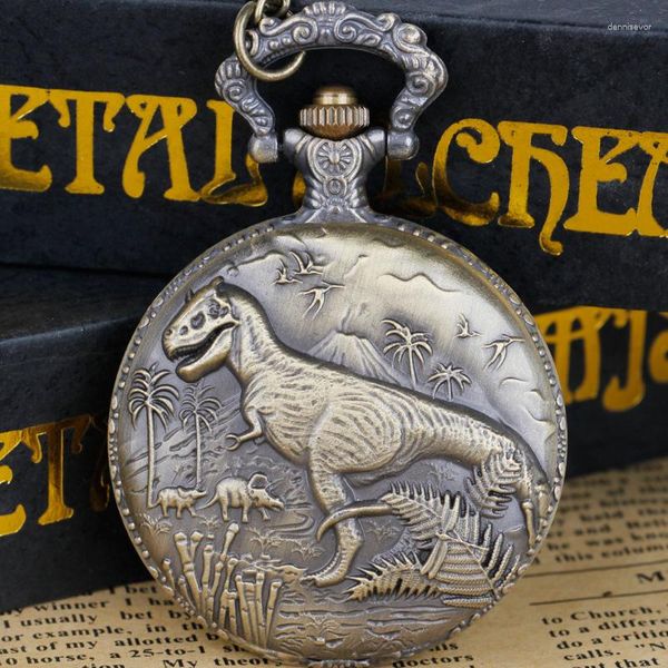 Relojes de bolsillo con diseño de dinosaurio grabado, reloj de cuarzo Fob, collar de bosque impresionante, colgante antiguo, regalos para hombres y mujeres