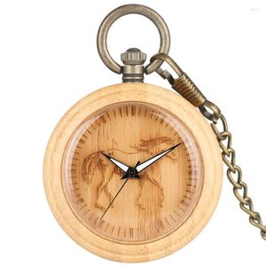 Montres de poche avec gravure de cadran de cheval, montre à Quartz en bois de bambou, pendentif en bois naturel, horloge Vintage en Bronze, chaîne suspendue