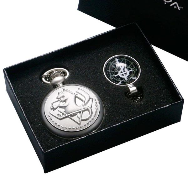 Relojes de bolsillo Moda Anime Fullmetal Alchemist Edward Plata Bronce Hombres Reloj de cuarzo Collar Colgante Cosplay Traje Props Set de regalo