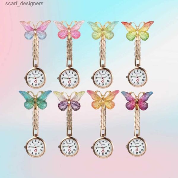 Relojes de bolsillo Fashion Gradiente colorido Resin Butterfly Rose Gold Alloy Cartoon Lindo Cristal Mariposa Nuricista Regalos de bolsillo ES Reloj Y240410