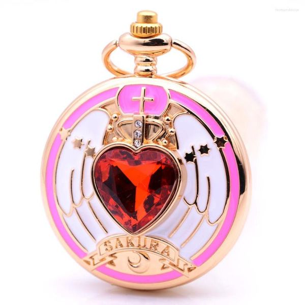 Montres de poche mode or Anime SAKURA lune pierre rouge montre à Quartz analogique pendentif collier femmes filles cadeaux Reloj