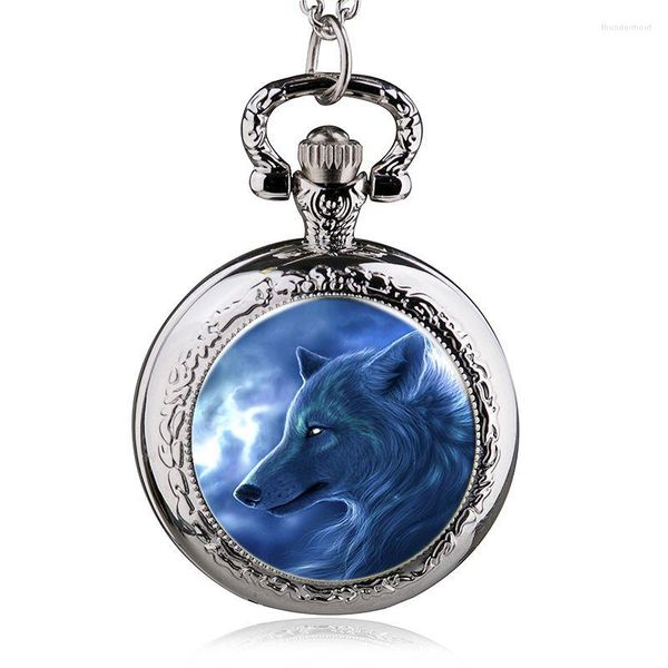 Montres de poche à Quartz pour hommes et femmes, rétro, pendentif loup, collier, bijoux anciens, pull, chaîne, horloge