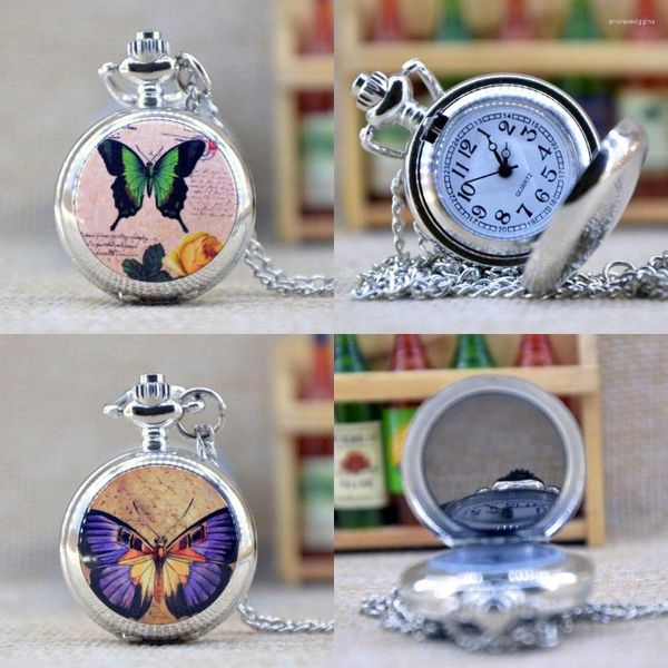 Relojes de bolsillo Moda Plata Hermosa Mariposa Espejo Caso Reloj de cuarzo Analógico Colgante Collar Hombres Mujeres Regalos