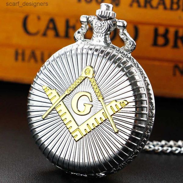 Montres de poche Fashion Silver gravée Golden Golden Freemasonry Masonic Quartz FOB Pendant Clock for Men Es Gifts Y240410