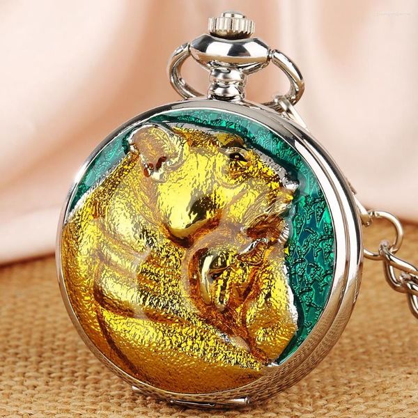 Relojes de bolsillo de moda reloj mecánico plateado 3D Animal patrón de leopardo dorado colgante de cuerda Manual reloj FOB regalos Unisex